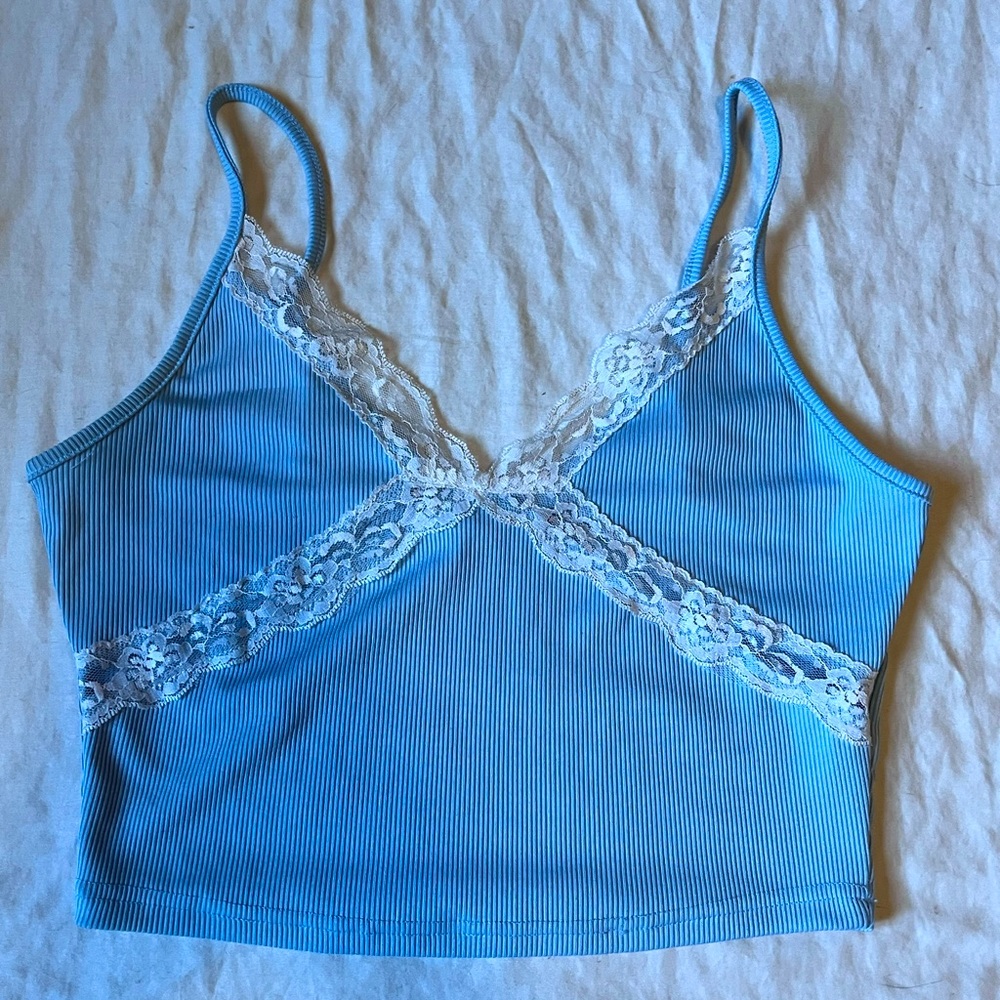 Blue and green babydoll tops with lace borders on the neckline. Size small.